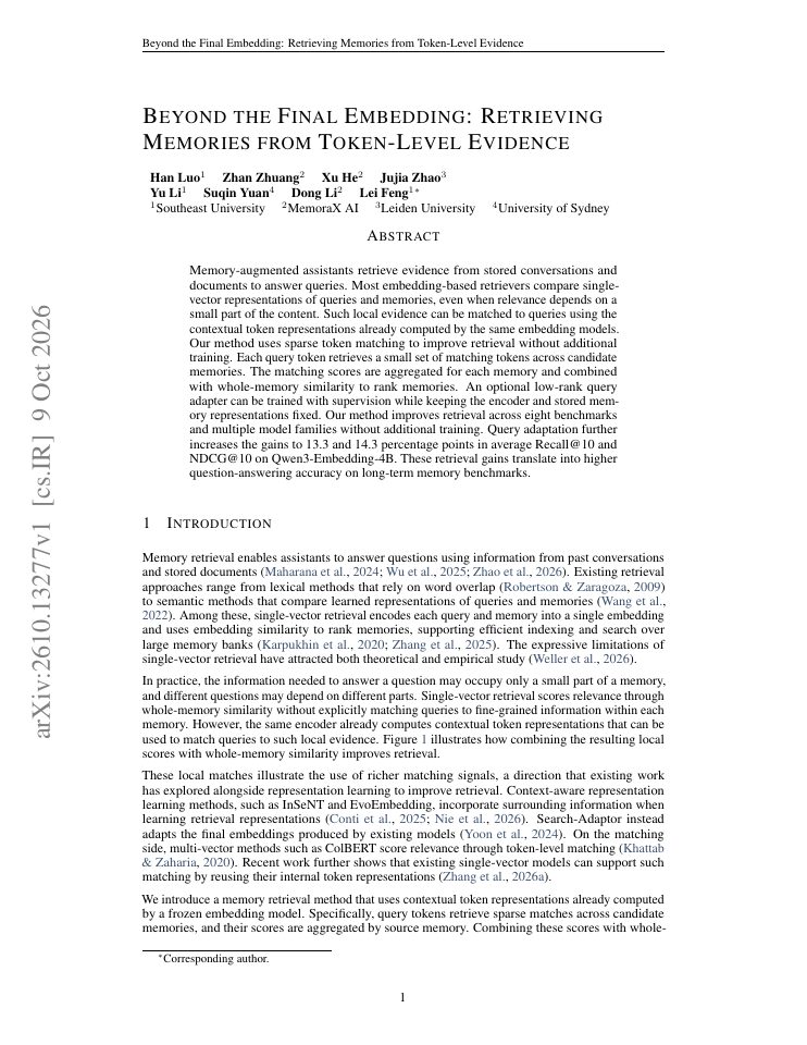 First page of Beyond the Final Embedding: Retrieving Memories from Token-Level Evidence