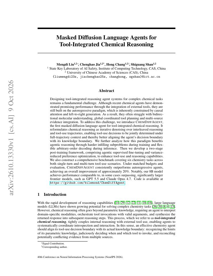 First page of Masked Diffusion Language Agents for Tool-Integrated Chemical Reasoning
