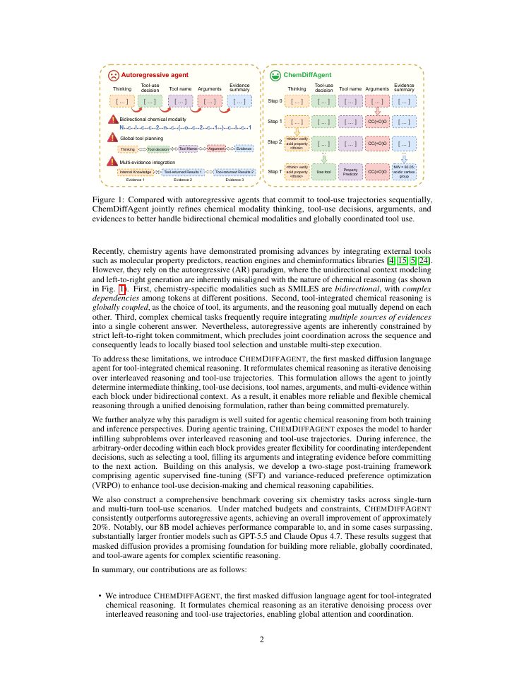 Page 2 of Masked Diffusion Language Agents for Tool-Integrated Chemical Reasoning