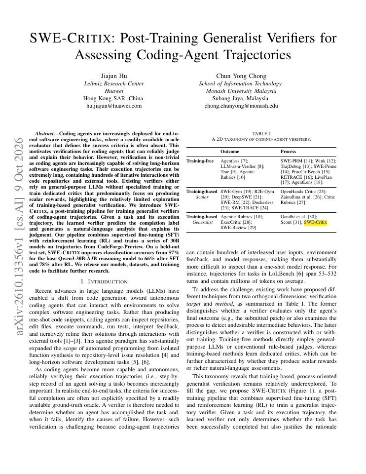 First page of SWE-Critix: Post-Training Generalist Verifiers for Assessing Coding-Agent Trajectories