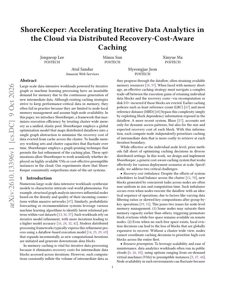 First page of ShoreKeeper: Accelerating Iterative Data Analytics in the Cloud via Distributed Recovery-Cost-Aware Caching