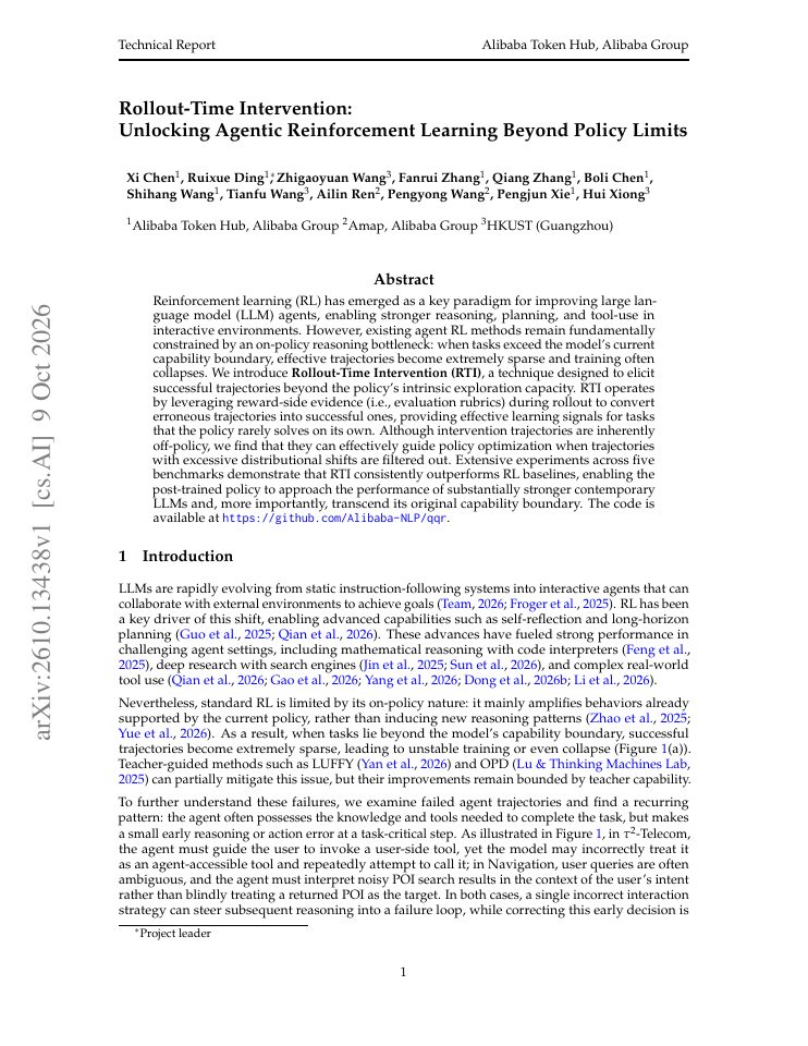 First page of Rollout-Time Intervention: Unlocking Agentic Reinforcement Learning Beyond Policy Limits