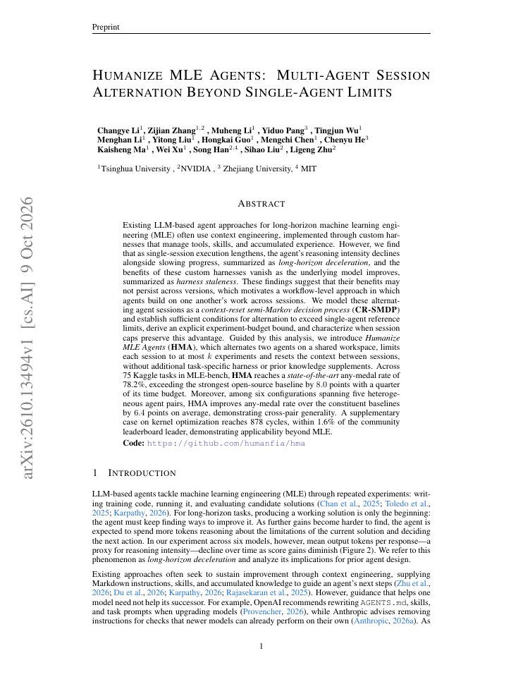First page of Humanize MLE Agents: Multi-Agent Session Alternation Beyond Single-Agent Limits