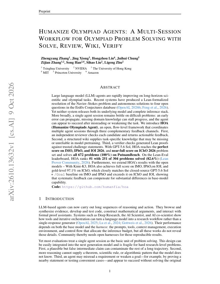 First page of Humanize Olympiad Agents: A Multi-Session Workflow for Olympiad Problem Solving with Solve, Review, Wiki, Verify