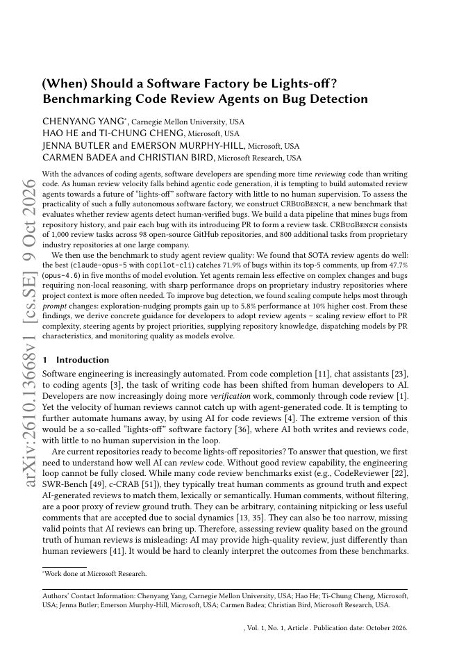 First page of (When) Should a Software Factory be Lights-off? Benchmarking Code Review Agents on Bug Detection
