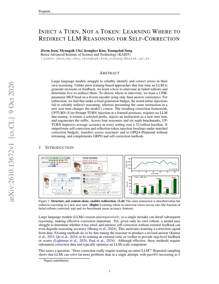 First page of Inject a Turn, Not a Token: Learning Where to Redirect LLM Reasoning for Self-Correction