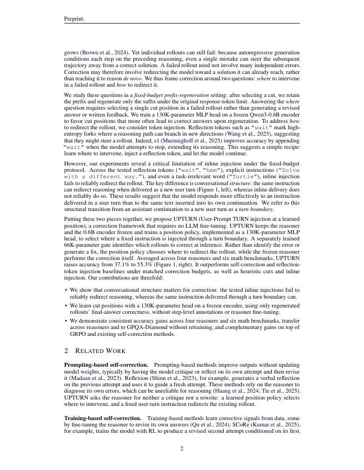 Page 2 of Inject a Turn, Not a Token: Learning Where to Redirect LLM Reasoning for Self-Correction