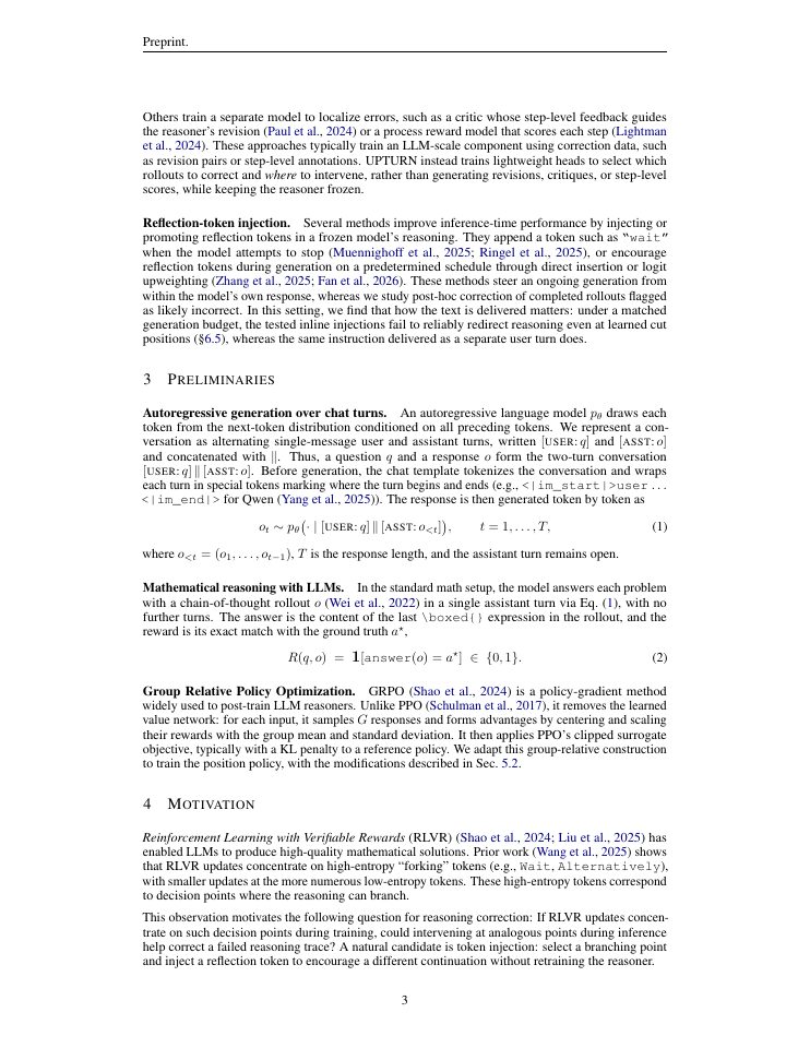 Page 3 of Inject a Turn, Not a Token: Learning Where to Redirect LLM Reasoning for Self-Correction