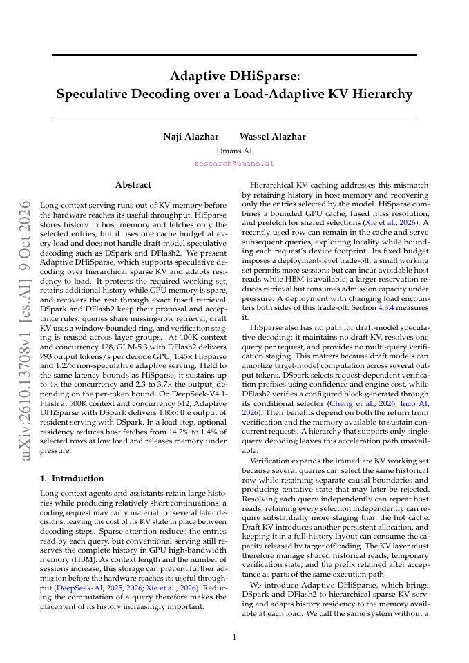 First page of Adaptive DHiSparse: Speculative Decoding over a Load-Adaptive KV Hierarchy