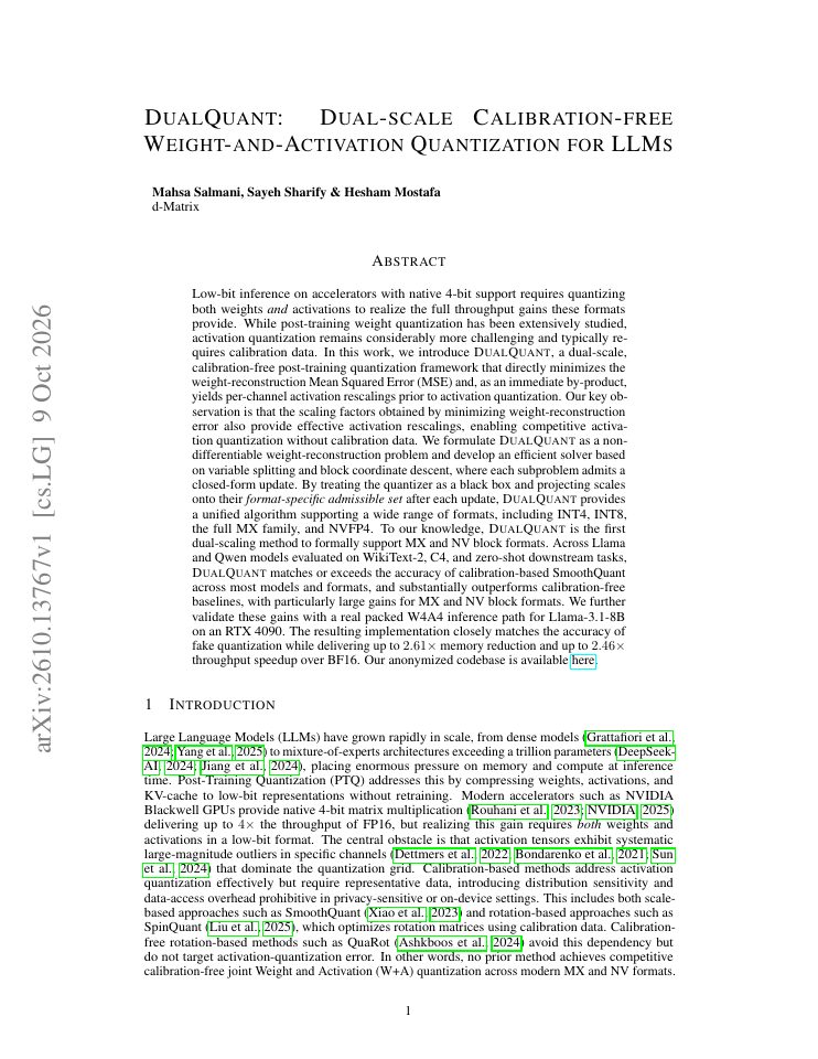 First page of DualQuant: Dual-scale Calibration-free Weight-and-Activation Quantization for LLMs