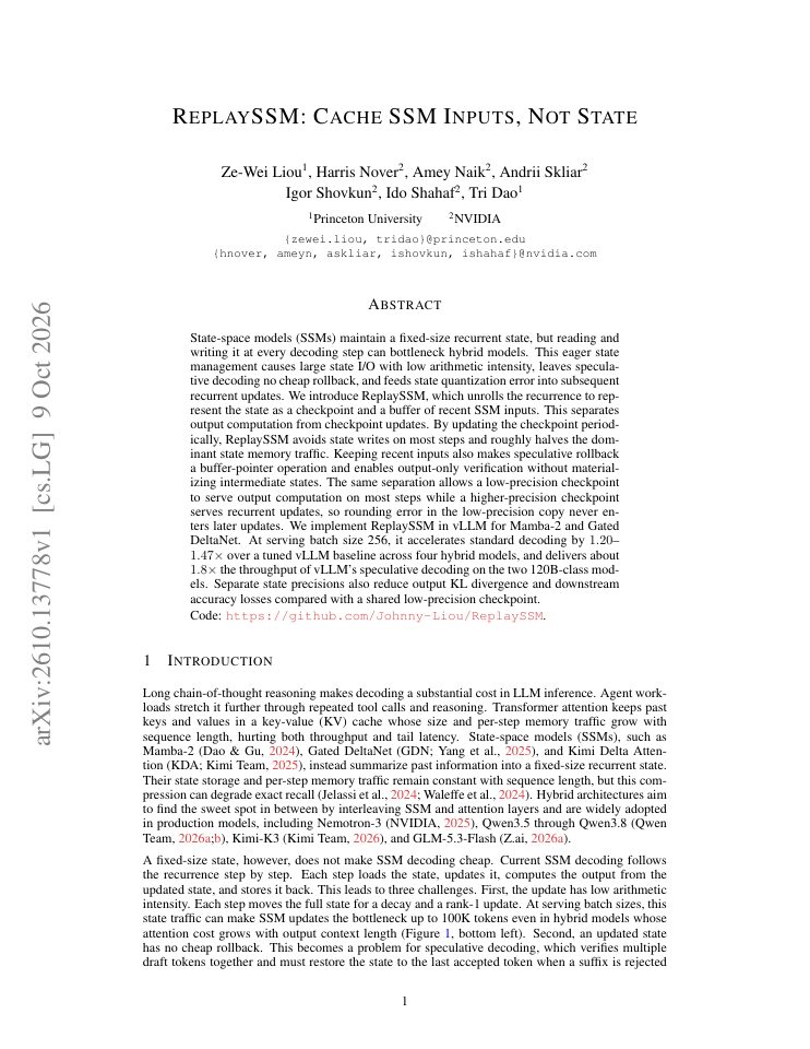 First page of ReplaySSM: Cache SSM Inputs, Not State