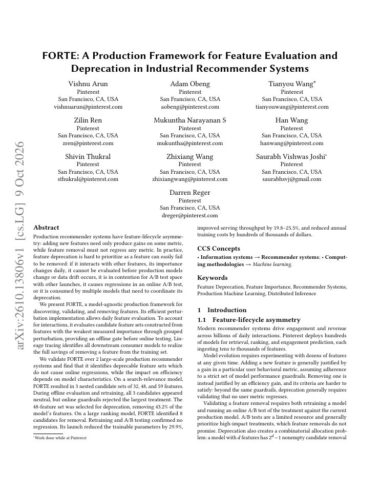 First page of FORTE: A Production Framework for Feature Evaluation and Deprecation in Industrial Recommender Systems