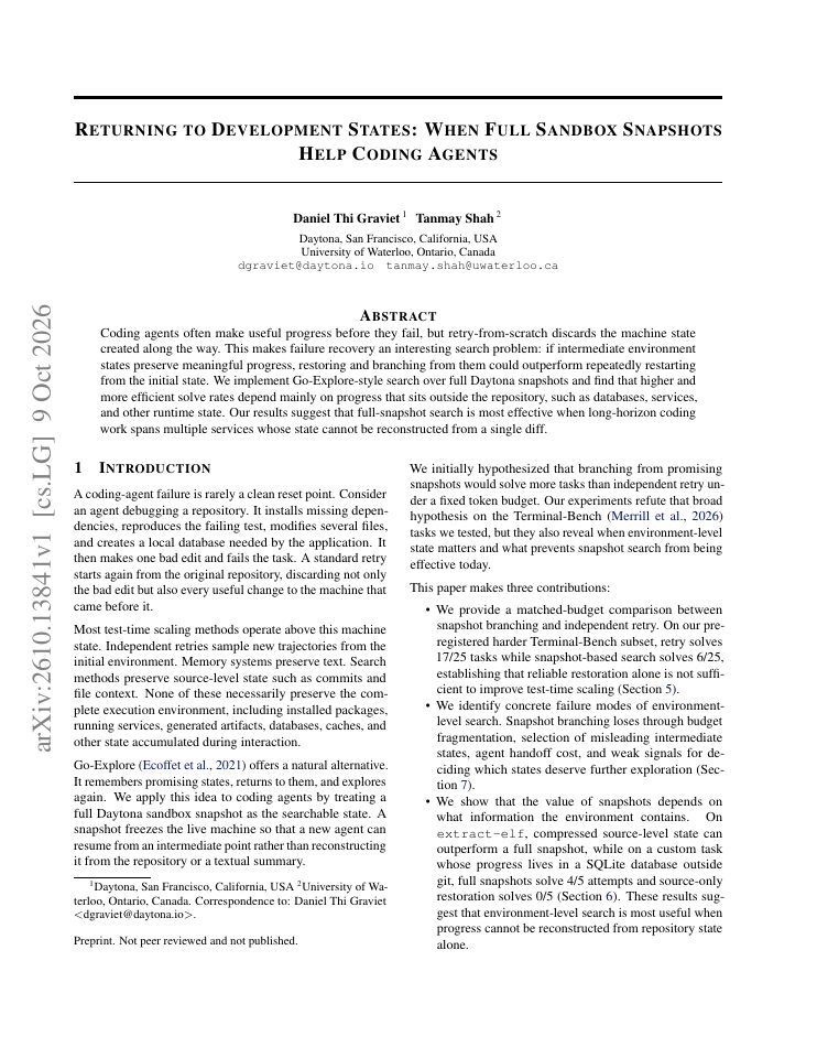 First page of Returning to Development States: When Full Sandbox Snapshots Help Coding Agents