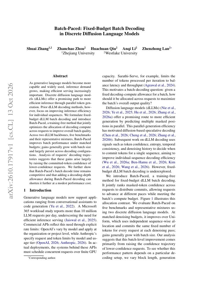 First page of Batch-Paced: Fixed-Budget Batch Decoding in Discrete Diffusion Language Models