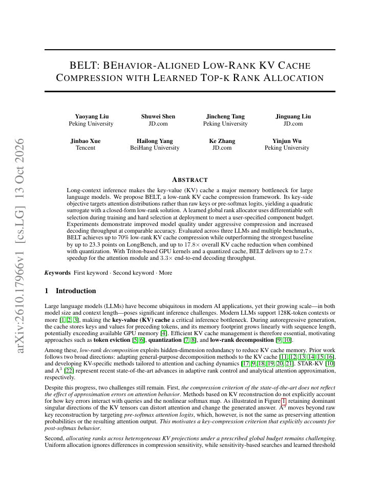 First page of BELT : BEhavior-Aligned Low-Rank KV Cache Compression with Learned Top-k Rank Allocation
