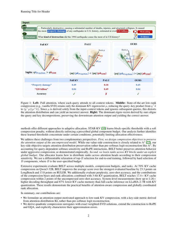 Page 2 of BELT : BEhavior-Aligned Low-Rank KV Cache Compression with Learned Top-k Rank Allocation