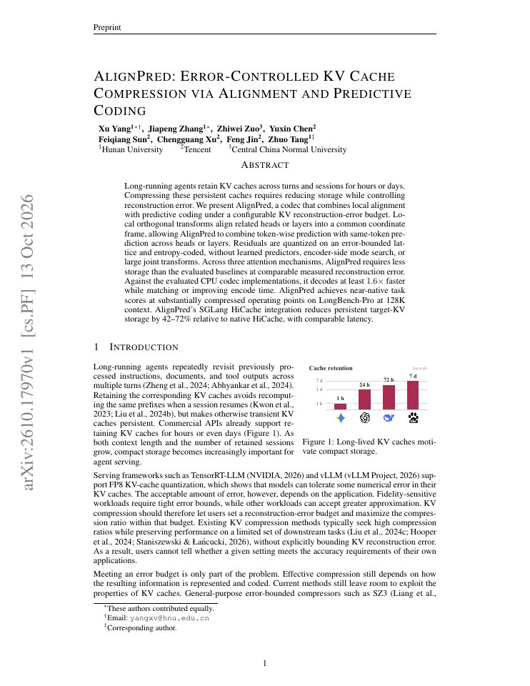First page of AlignPred: Error-Controlled KV Cache Compression via Alignment and Predictive Coding