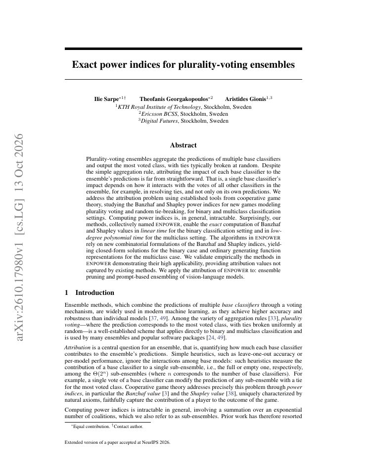 First page of Exact power indices for plurality-voting ensembles
