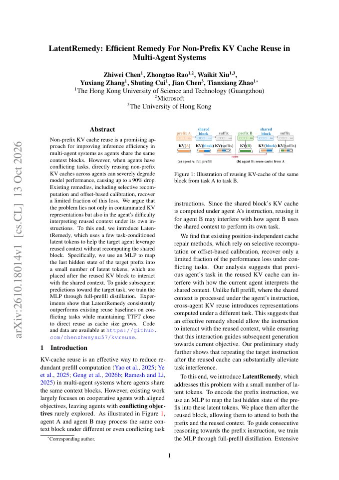 First page of LatentRemedy: Efficient Remedy For Non-Prefix KV Cache Reuse in Multi-Agent Systems