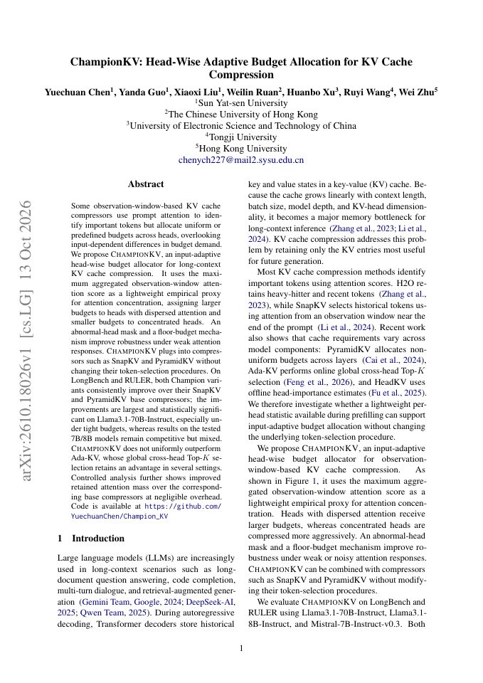 First page of ChampionKV: Head-Wise Adaptive Budget Allocation for KV Cache Compression