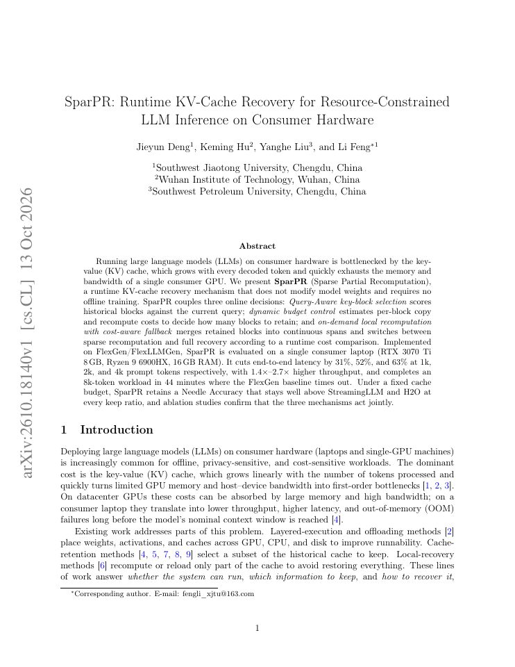 First page of SparPR: Runtime KV-Cache Recovery for Resource-Constrained LLM Inference on Consumer Hardware