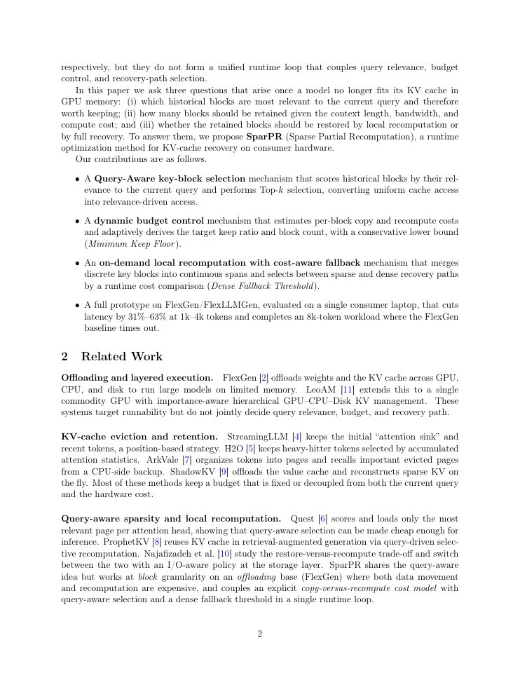 Page 2 of SparPR: Runtime KV-Cache Recovery for Resource-Constrained LLM Inference on Consumer Hardware