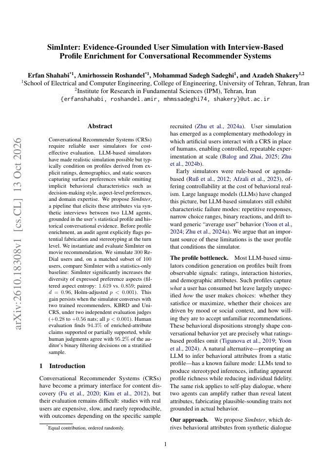 First page of SimInter: Evidence-Grounded User Simulation with Interview-Based Profile Enrichment for Conversational Recommender Systems