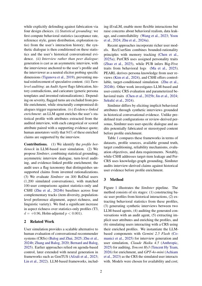 Page 2 of SimInter: Evidence-Grounded User Simulation with Interview-Based Profile Enrichment for Conversational Recommender Systems