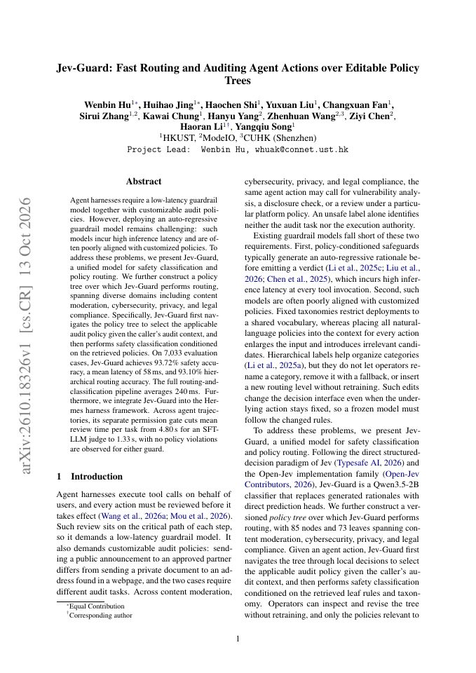First page of Jev-Guard: Fast Routing and Auditing Agent Actions over Editable Policy Trees