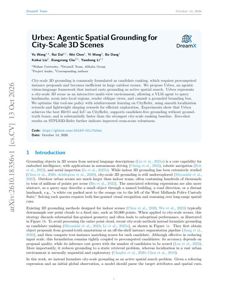 First page of Urbex: Agentic Spatial Grounding for City-Scale 3D Scenes