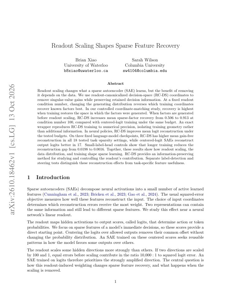 First page of Readout Scaling Shapes Sparse Feature Recovery