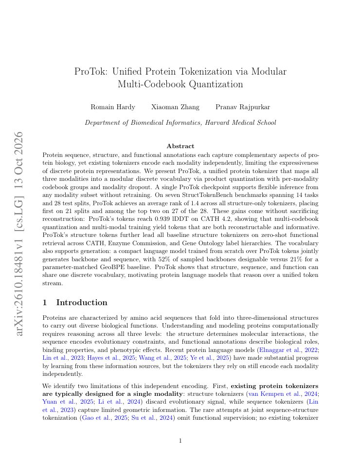 First page of ProTok: Unified Protein Tokenization via Modular Multi-Codebook Quantization