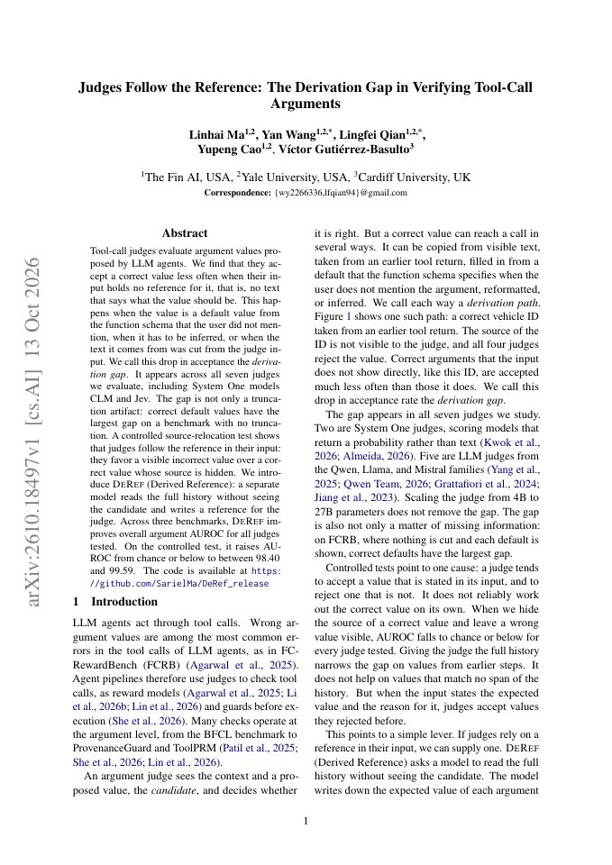First page of Judges Follow the Reference: The Derivation Gap in Verifying Tool-Call Arguments