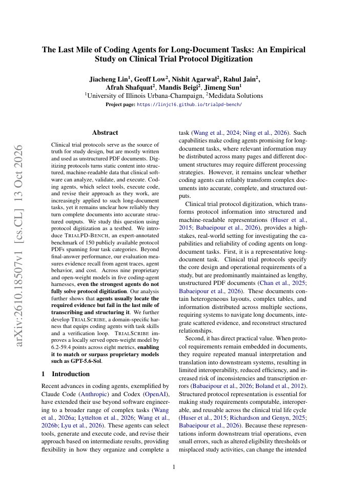 First page of The Last Mile of Coding Agents for Long-Document Tasks: An Empirical Study on Clinical Trial Protocol Digitization