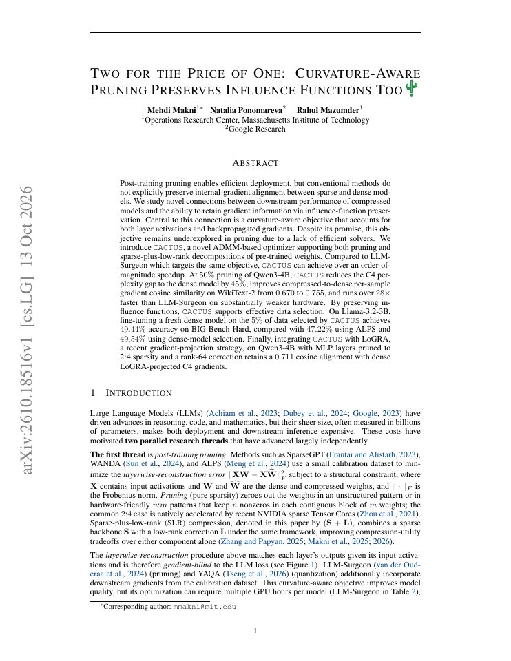 First page of Two For The Price Of One: Curvature-Aware Pruning Preserves Influence Functions Too