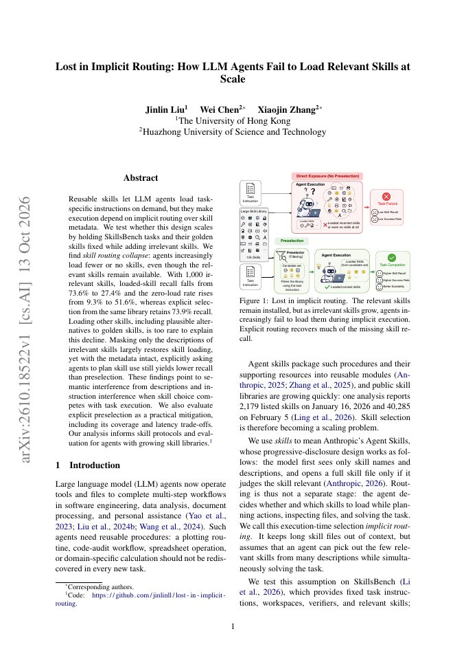 First page of Lost in Implicit Routing: How LLM Agents Fail to Load Relevant Skills at Scale