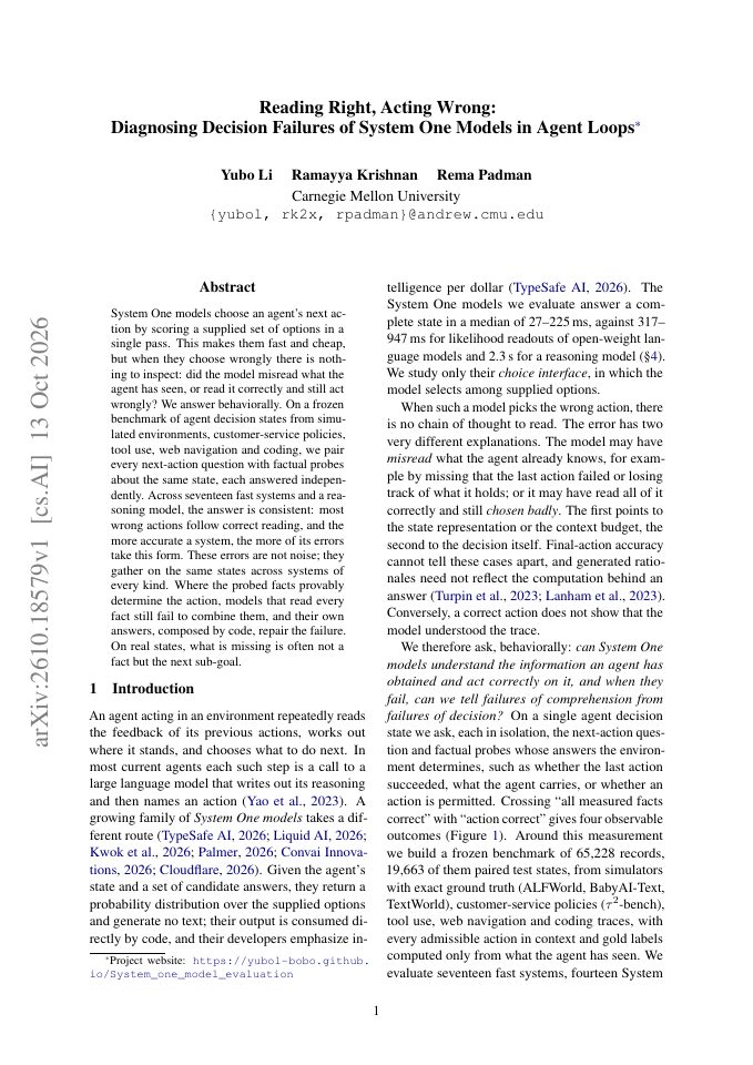 First page of Reading Right, Acting Wrong: Diagnosing Decision Failures of System One Models in Agent Loops