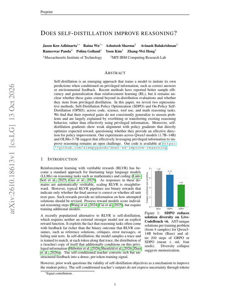 First page of Does self-distillation improve reasoning?