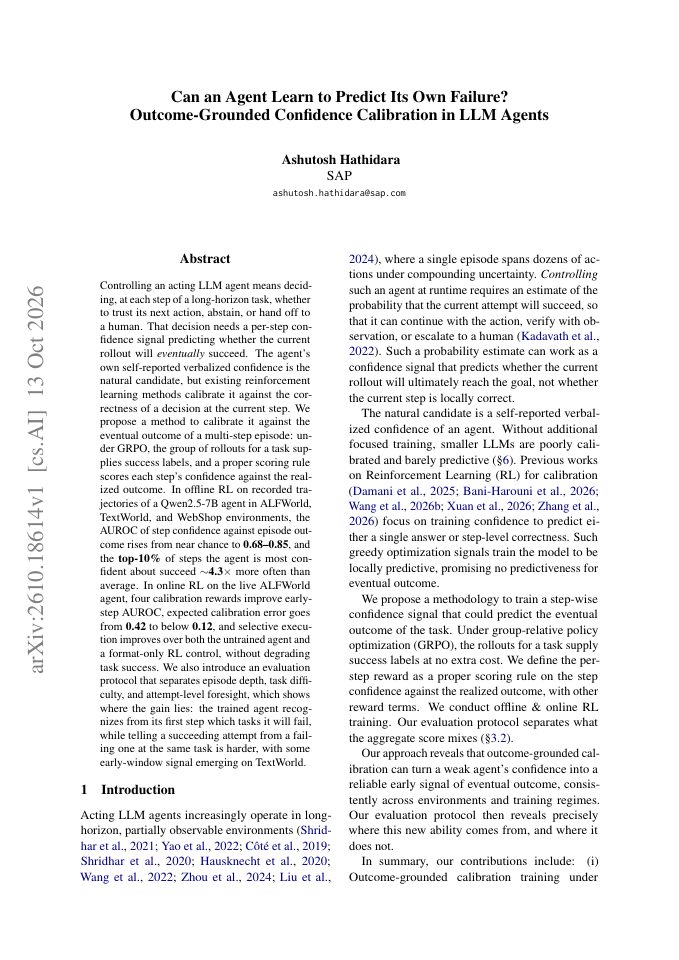 First page of Can an Agent Learn to Predict Its Own Failure? Outcome-Grounded Confidence Calibration in LLM Agents