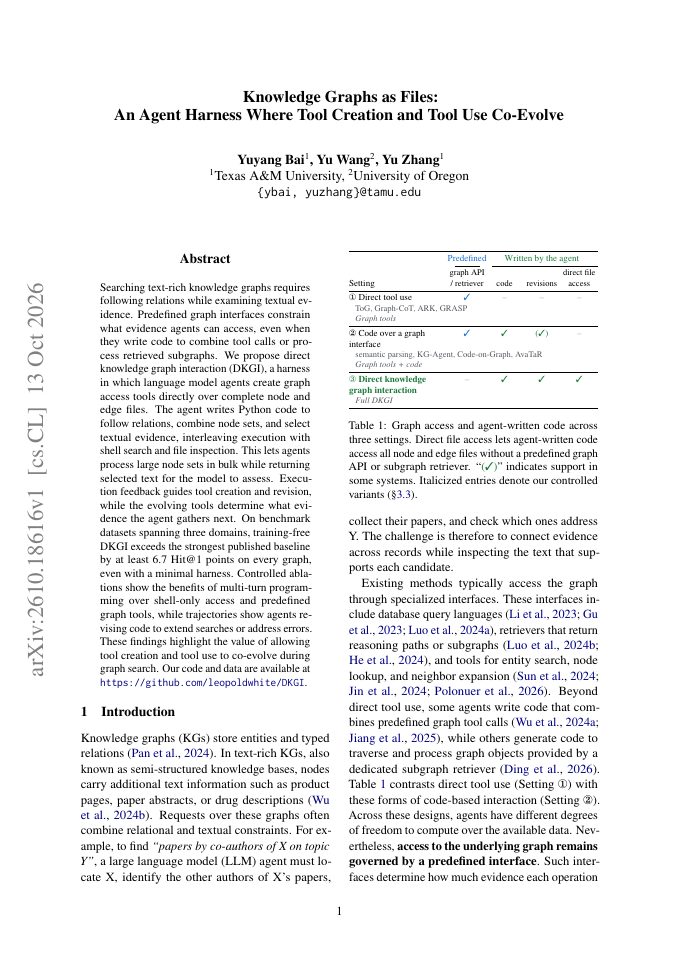 First page of Knowledge Graphs as Files: An Agent Harness Where Tool Creation and Tool Use Co-Evolve