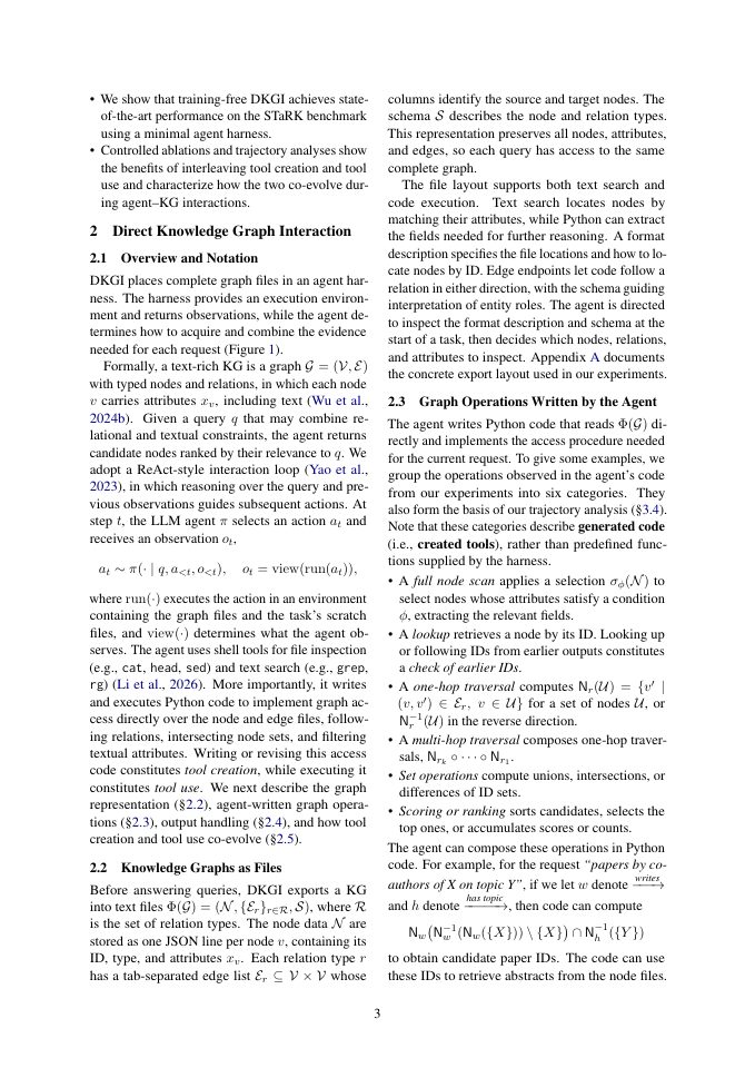 Page 3 of Knowledge Graphs as Files: An Agent Harness Where Tool Creation and Tool Use Co-Evolve
