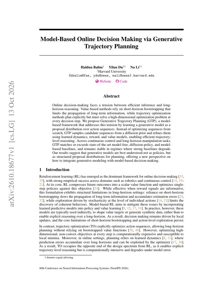 First page of Model-Based Online Decision Making via Generative Trajectory Planning