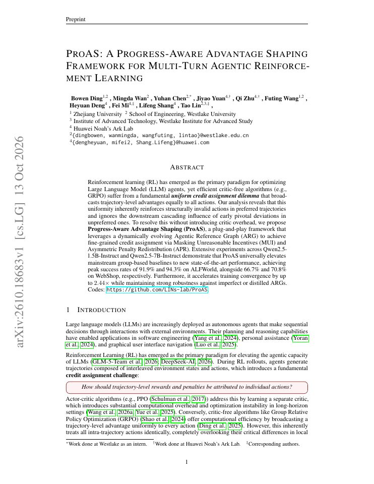 First page of ProAS: A Progress-Aware Advantage Shaping Framework for Multi-Turn Agentic Reinforcement Learning