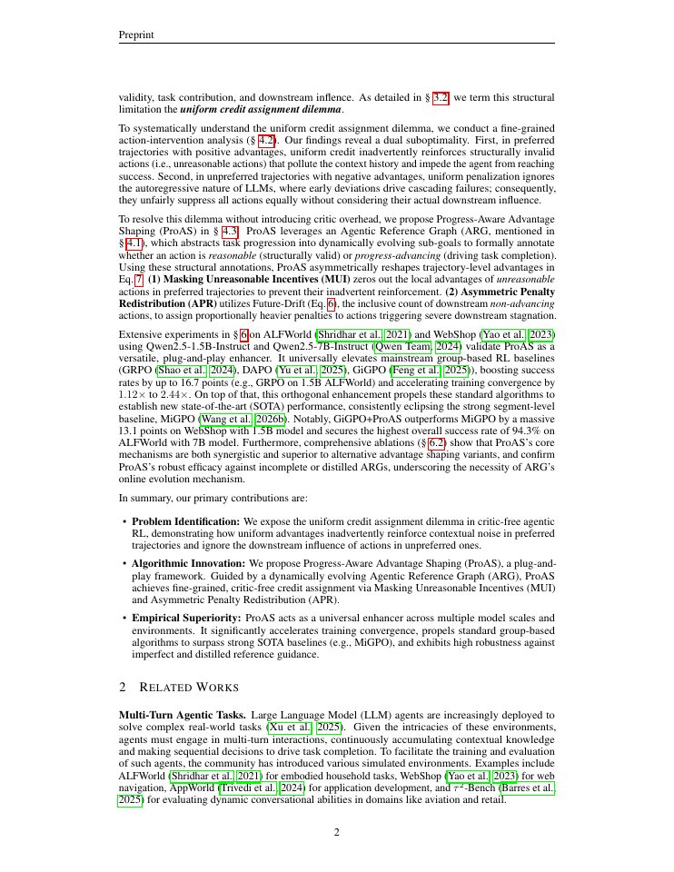 Page 2 of ProAS: A Progress-Aware Advantage Shaping Framework for Multi-Turn Agentic Reinforcement Learning