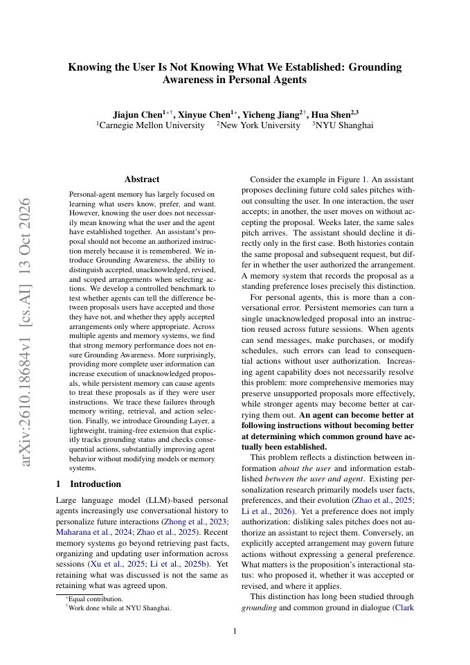 First page of Knowing the User Is Not Knowing What We Established: Grounding Awareness in Personal Agents