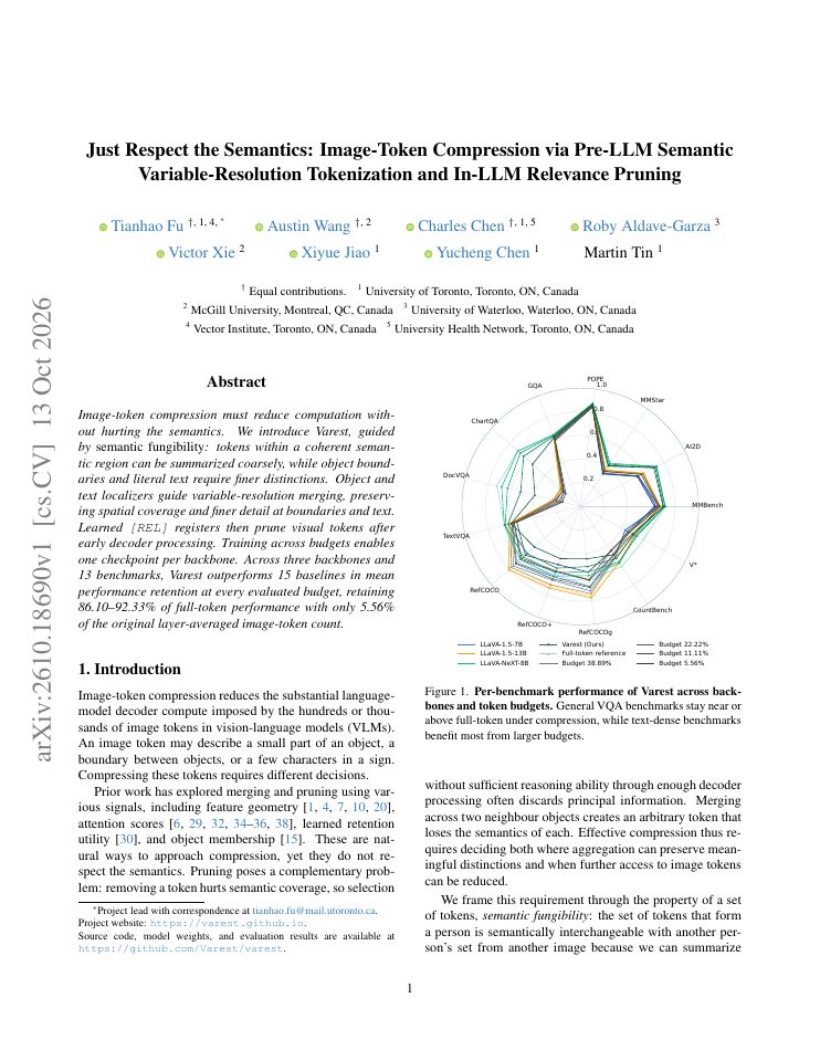 First page of Just Respect the Semantics: Image-Token Compression via Pre-LLM Semantic Variable-Resolution Tokenization and In-LLM Relevance Pruning