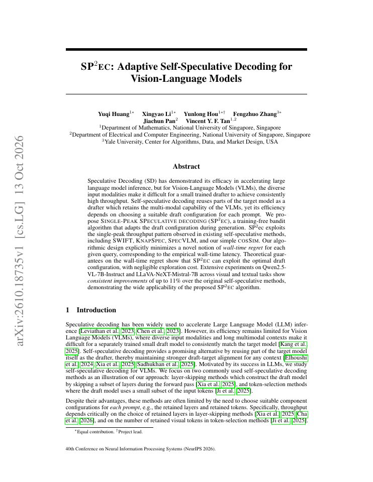 First page of SP$^2$ec: Adaptive Self-Speculative Decoding for Vision-Language Models