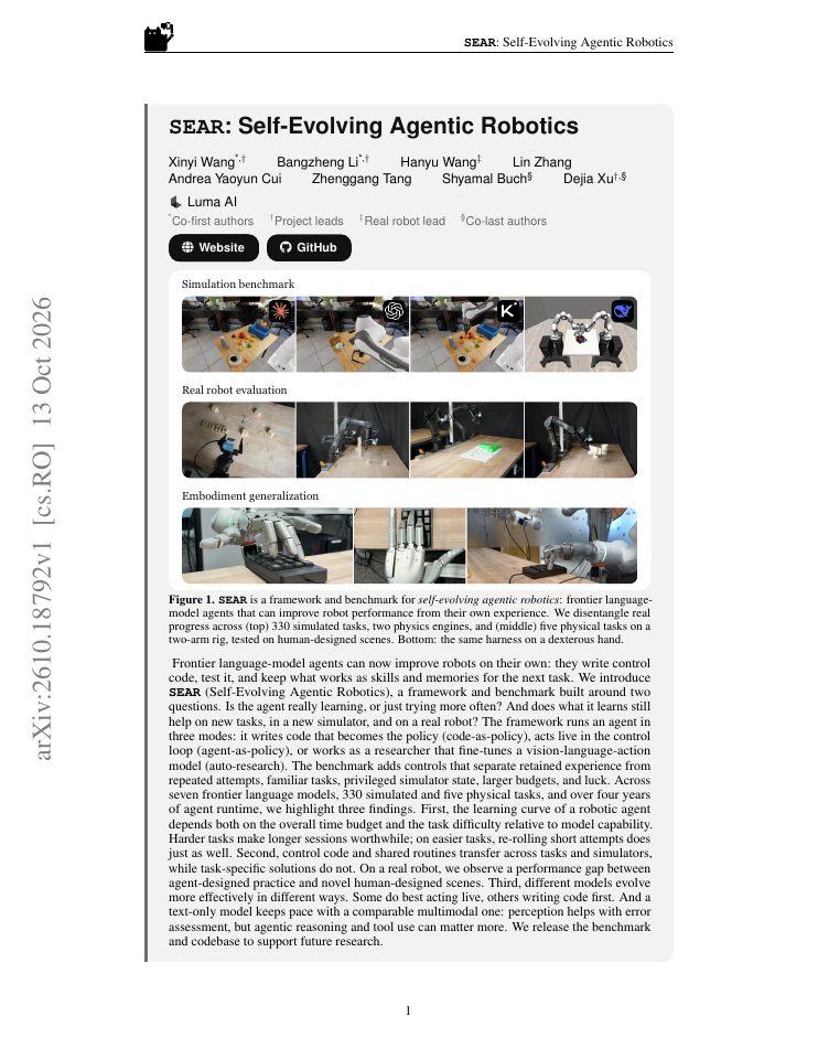 First page of SEAR: Self-Evolving Agentic Robotics