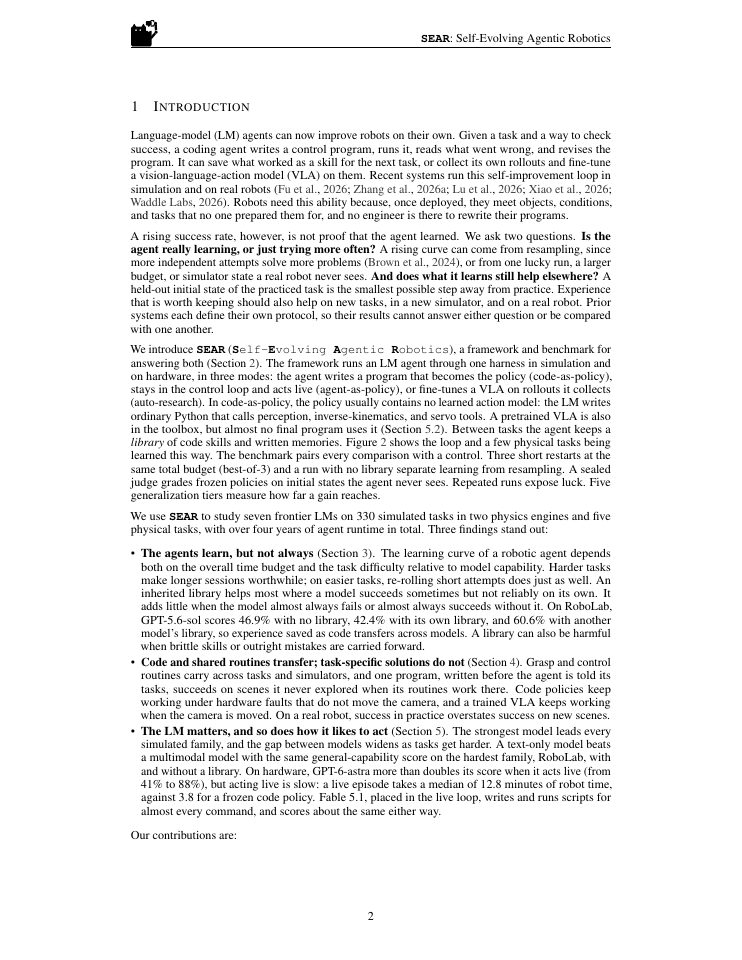 Page 2 of SEAR: Self-Evolving Agentic Robotics