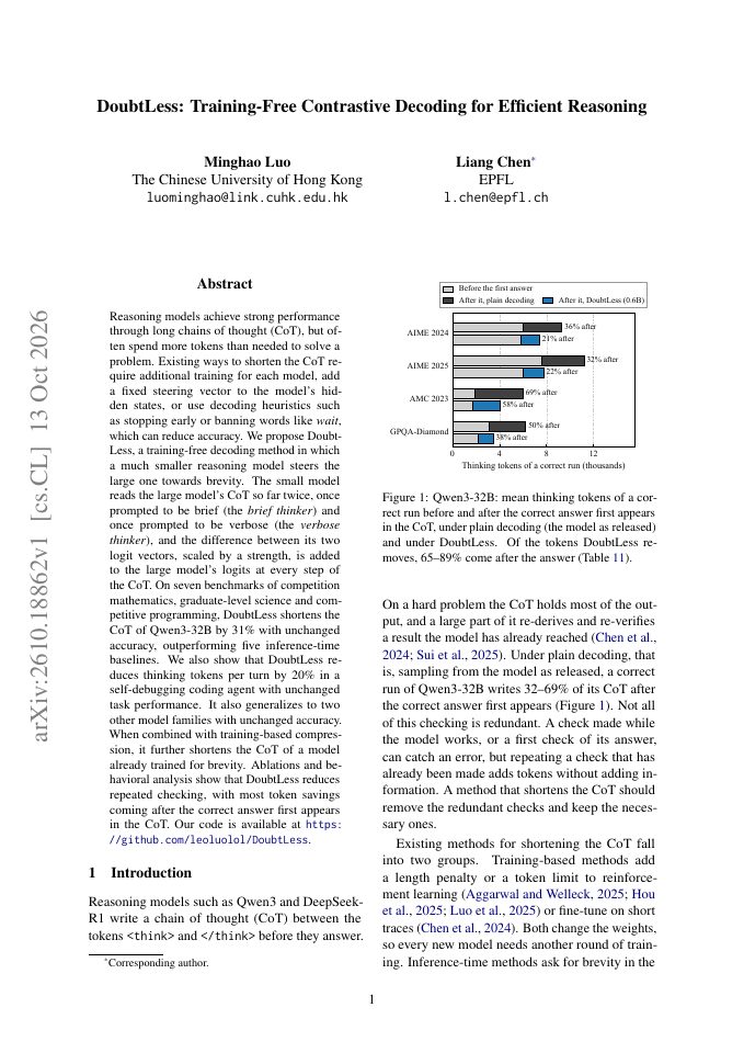 First page of DoubtLess: Training-Free Contrastive Decoding for Efficient Reasoning